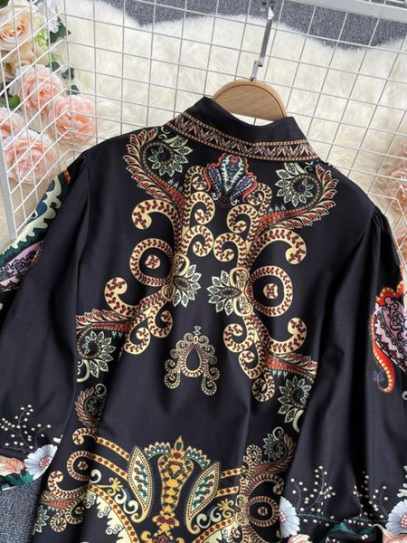 

pants 2023 spring autumn fashion new retro blouse female field totem printing lantern sleeve lapel blusa allmatch shirt gk330, Black