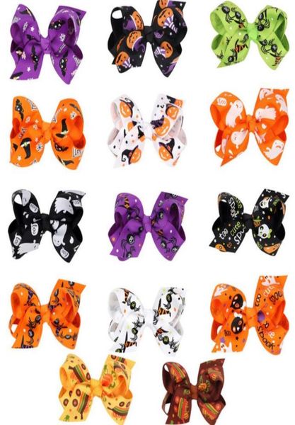 

halloween hair hand grosgrain ribbon bows girls hairpin pumpkin hair clips cartoon hairpin kids hair accessories 14 designs dw58893018365, Slivery;white