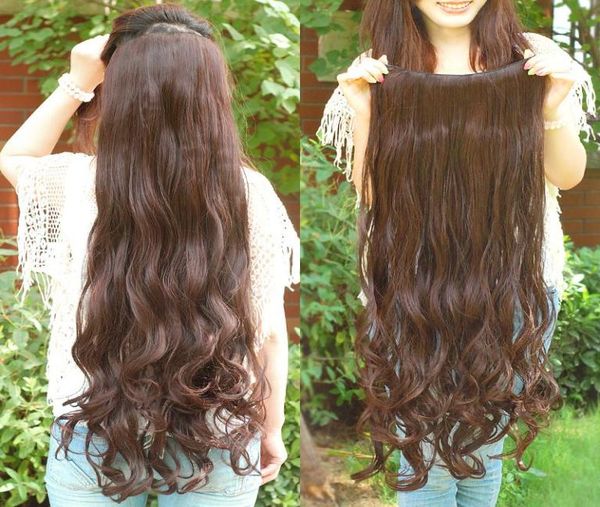 

excellent quality super long clips in hair extensions synthetic hair curly thick 1 piece for full head 570779, Black;brown