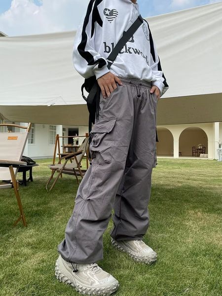 

men's pants chinachic straight tube multi pocket adjustable drawcord casual loose overalls men women ins style wide leg jogger pants 23, Black