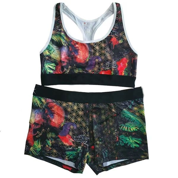

undershirt shorts two-piece beauty back fitness print yoga suit female swimsuit, White;black