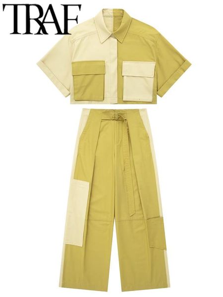 

women's tracksuits traf spring fashion patchwork women loose shirt suits pockets short sleeve crop female wide straight pants y2k 2 pie, Gray
