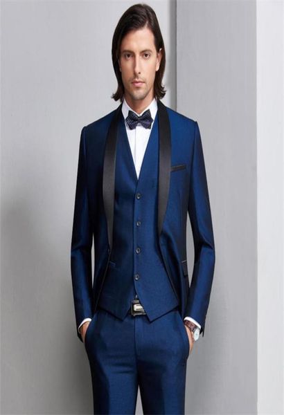

new navy blue men wedding suits black satin shawl lapel groom tuxedos 3 piece jacketpantsvest groomsman suits man blazer 552873774, Black;gray