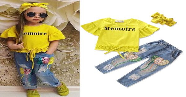 

toddler baby girls tshirt lace hole denim shorts headband clothing sets cotton jeanheadwear kids clothes set outfits 39232576, White