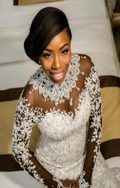 

gorgeous mermaid wedding dresses high neck long sleeve sweep train major beading illusion bodice chapel garden bridal gown vestido3354156, White