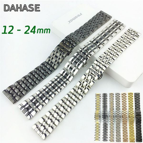 

watch bands solid stainless steel watch band 12 14 15 16 17 18 19 20 21 22 23 24mm watch strap replacement metal watchbands bracelet w pins, Black;brown
