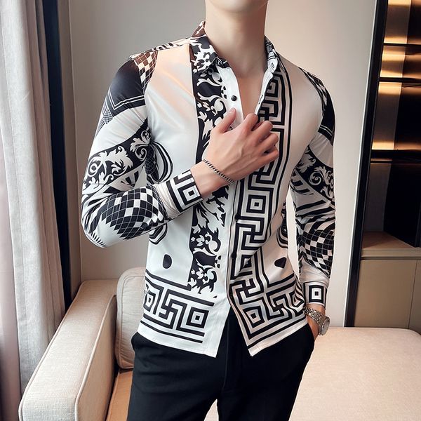 

men s tracksuits luxury long sleeve mens baroque shirts dress autumn party prom wear slim fit male brand clothing striped print casual shirt, Gray