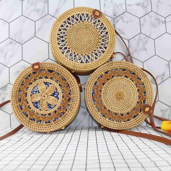 

rattan hollow blue sunflower woven single shoulder rattan leather buckle bag