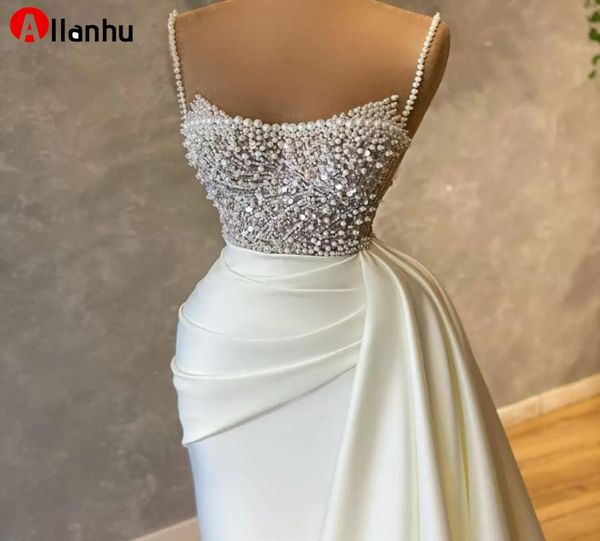

2022 new year039s luxury pearls spaghetti evening dress beading sequins ruched prom gowns satin sweep train mermaid party dress5423394, Black;red