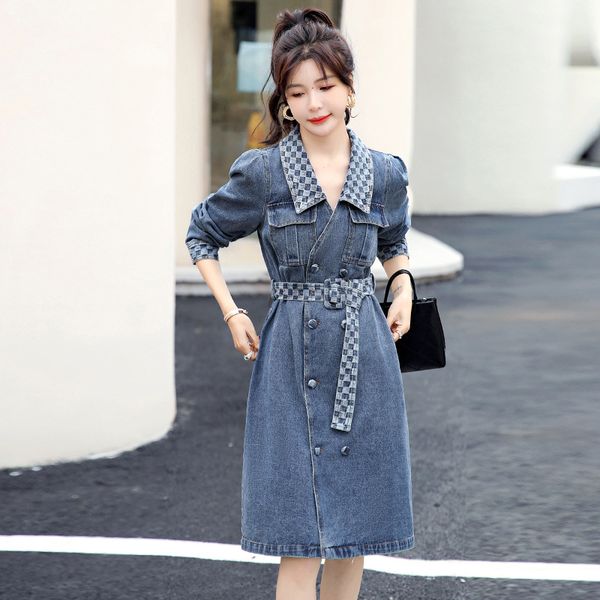 

denim casual dresses women's 2023 autumn new waist wrapped retro mid length design feeling popular skirts, Black;gray
