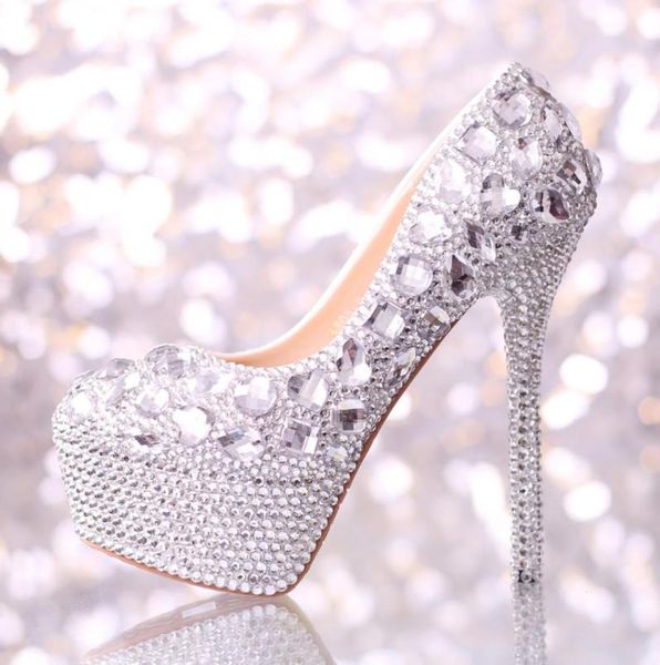 

wedding shoes women high heels crystal fashion bridal dress shoes woman platforms silver rhinestone party prom pumps6464389, Black
