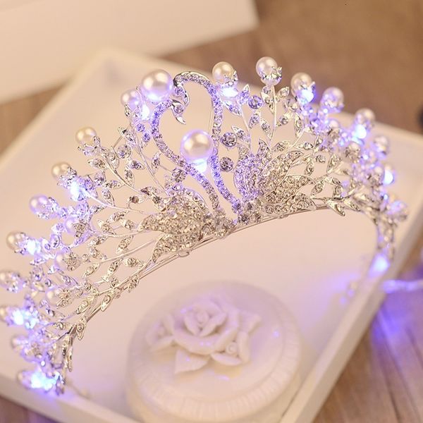 

wedding hair jewelry vintage crystal pearl swan crown bride luminous crown wedding jewelry crystal diadem with led light girls birthday part, Slivery;golden