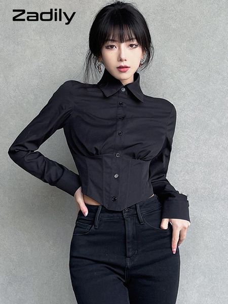 

pants zadily 2022 autumn y2k long sleeve folds women shirt street gothic button ladies crop club female clothing blouse, Black
