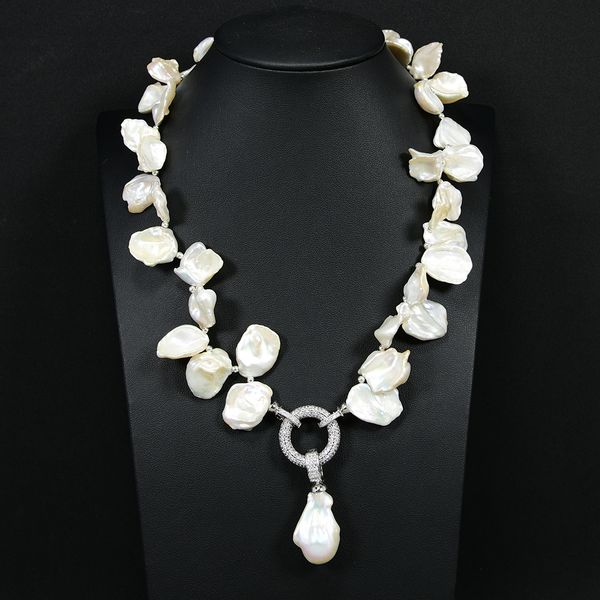 

freshwater cultured white keshi pearl necklace baroque pearl pendant cz clasp 19" for women, Silver