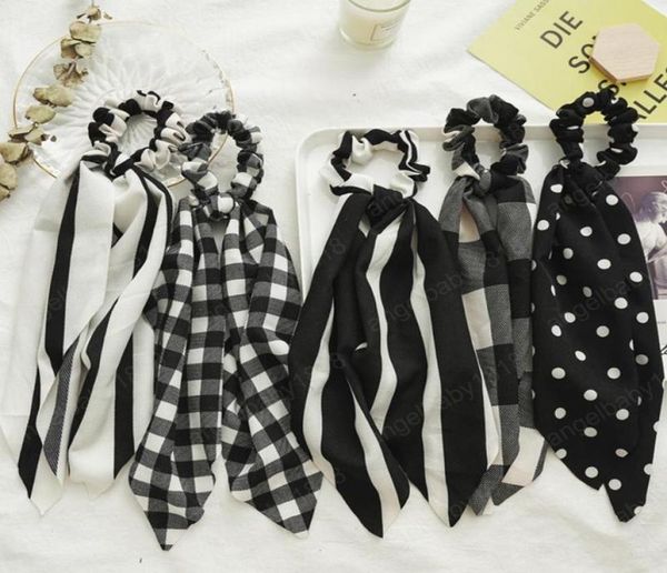 

bow hair scrunchies women hair scarf tie rope rubber bands long streamer ponytail holder hair accessories striped dot plaid option1057793, Slivery;white