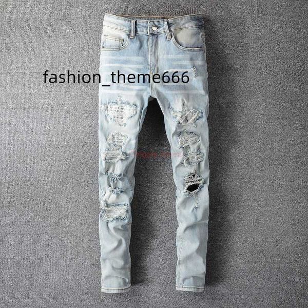 

designer clothing amires jeans denim pants amies new style white diamond perforated mens jeans light wash old trend slim fit small feet pant, Blue