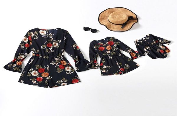 

vieeoease girls jumpsuit outfits long sleeve ruffles floral for mommy and me 2022 summer family matching aa0115247260, Blue