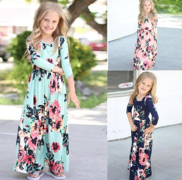 

girls floral maxi dresses kids flowers vintage dresses bohemian holiday dress casual long o neck dress party princess sundress clo6643024, Red;yellow