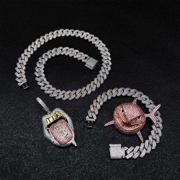 

hip hop full diamond cuban bracelet ice out cuban chain pink white cuban moissanite bracelet, Golden;silver
