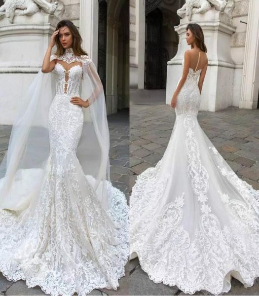 

2019 vintage mermaid lace wedding dresses with cape sheer plunging neck bohemian wedding gown appliqued plus size vestidos de novi4225356, White