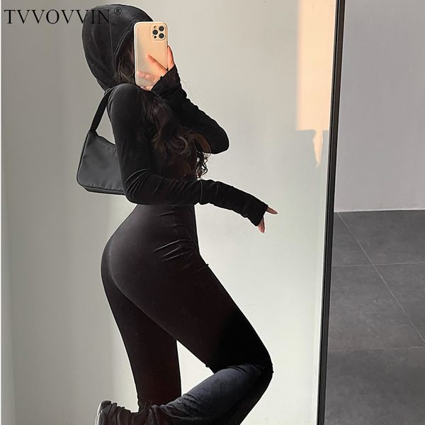 

women's jumpsuits rompers tvvovvin fashion black velvet slim hooded zipper long sleeve flare pants jumpsuit korean 9p64 230630, Black;white
