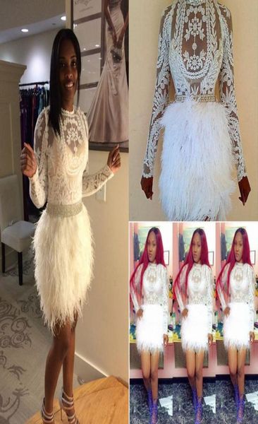 

black and white feather cocktail prom dresses long sleeves sheath lace applique short ball gowns mini formal party dres7315354