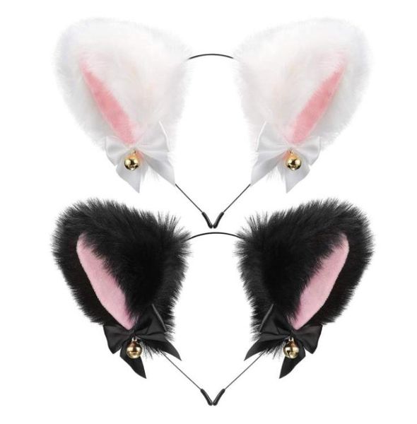 

plush furry cat ears headband with ribbon bells halloween cosplay costume accessories anime lolita girl party hairband headwear fo7637089, Slivery;white