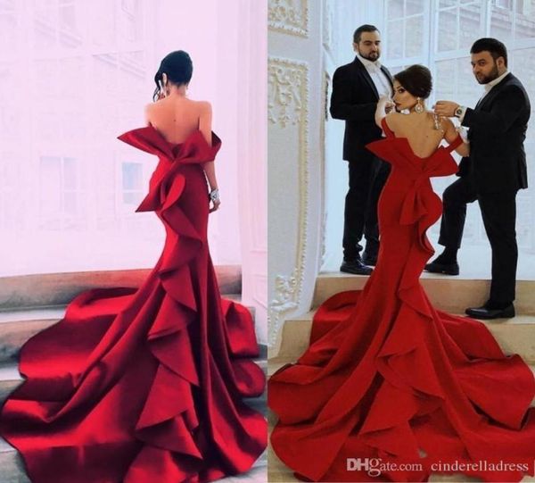 

fabulous dark red prom dresses off the shoulder big bow backless celebrity party gowns dubai satin chapel train evening dress9739501, Black