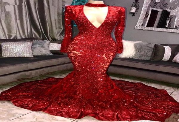 

red vintage long sleeves mermaid prom dresses deep v neck appliques beads formal evening party celebrity gowns with choker8715082, Black