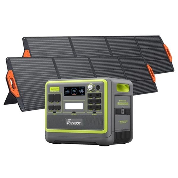 

fossibot f2400 portable power station + 2 x fossibot sp200 18v 200w foldable solar panel, 2048wh lifepo4 battery 2400w output solar generato