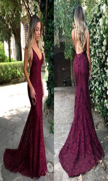 

2020 dark red cut away side backless prom dresses spaghetti straps lace v neck mermaid evening gowns for party vestidos3409037, Black
