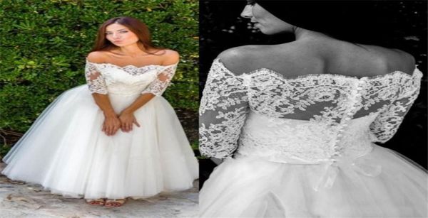 

half sleeve off shoulder lace tulle a line bridal gowns vintage ankle length wedding dresses vestido de noiva custom made5549280, White