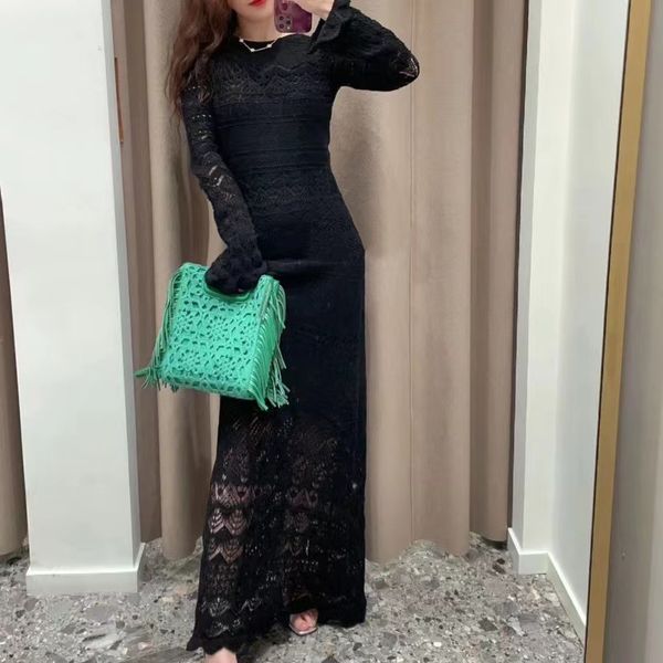 

basic & casual dresse new -aje black hollow hook flower long knitted dress two pieces, Black;gray