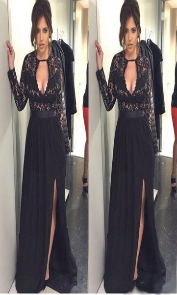 

gorgeous black plus size evening dresses with long sleeves aline keyhole neck illusion bodice chiffon split prom gowns formal dre3741436