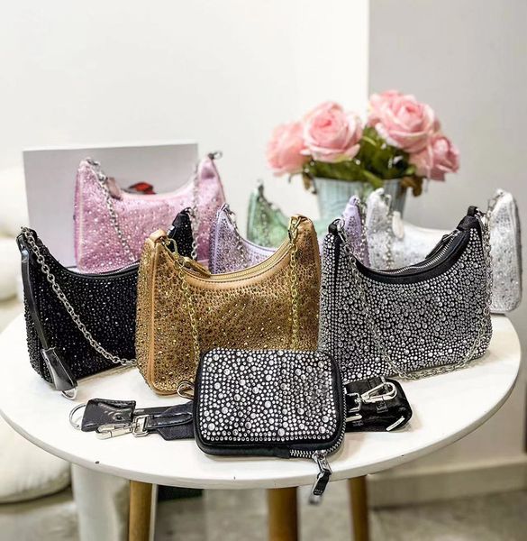 

designer women bags diamond crossbody bag crystal 3 pieces set shoulder bags chain purses bling nylon classic shiny hobo multiple colors