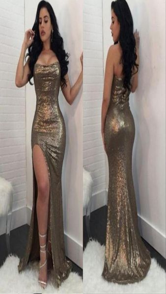 

shinny gold sequins prom dresses strapless beaded side slit plus size formal evening party dresses7770589, Black