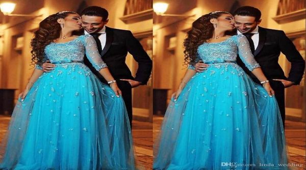 

2019 blue lace arabic evening dress half sleeves aline tulle long formal holiday wear prom party gown custom made plus size4944737, Black;red