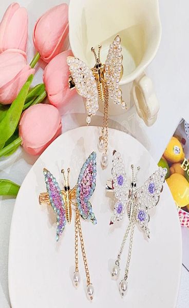 

girls vintage pearl rhinestone barrettes simulation butterfly tassel hair clips elegant hairpin fashion hair accessories8032953, Slivery;white