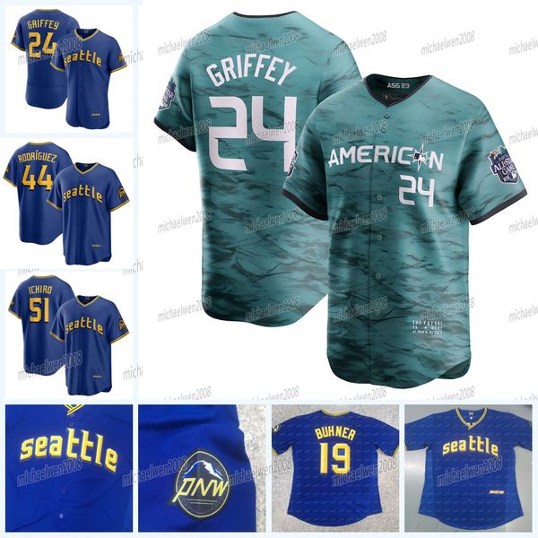 

44 julio rodriguez mariners 2023 all star jersey ken griffey jr. jarred kelenic ichiro cal raleigh teoscar hernandez ty france j.p. crawford, Blue;black