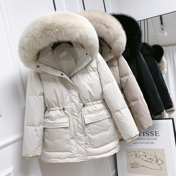 

parkas huge real fur collar hooded 2022 short female winter feather down coat women 90% duck down jacket winter puffer parka, Black