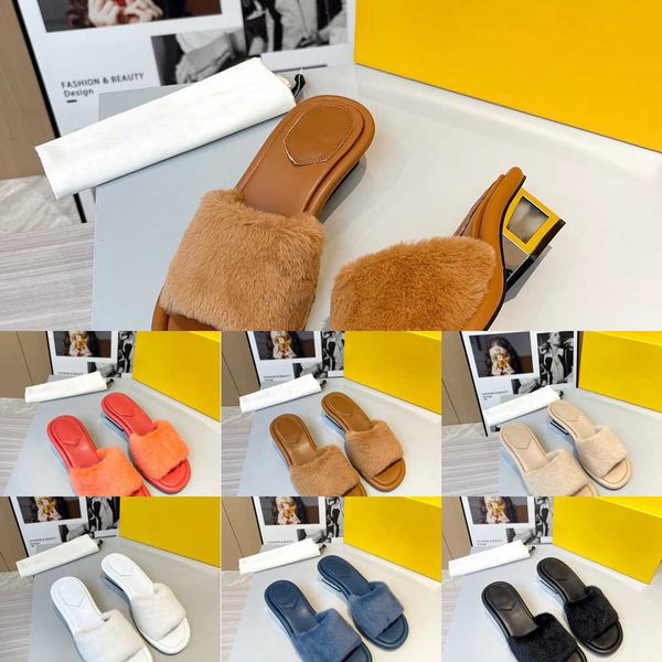 

2023 luxury women sandal wool slipper slide heels women's fur slipper nappa leather plush fuzzy fluffy mules furry slide baguette sculp, Black