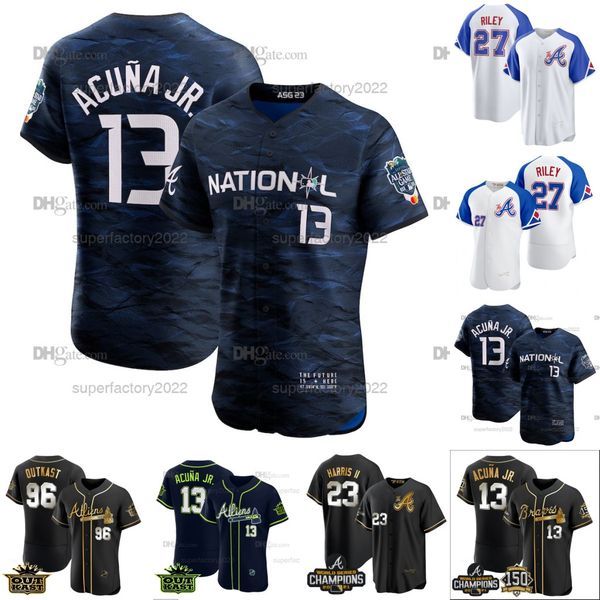 

braves 2023 all-star game baseball jersey ronald acuna jr. michael harris ii spencer strider aaron austin riley matt olson eddie rosario mar, Blue;black