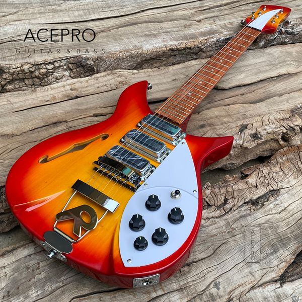 

cherry burst 325 f-hole semi hollow body electric guitar three mini humbucker pickups 20.75" scale length tailpiece bridge