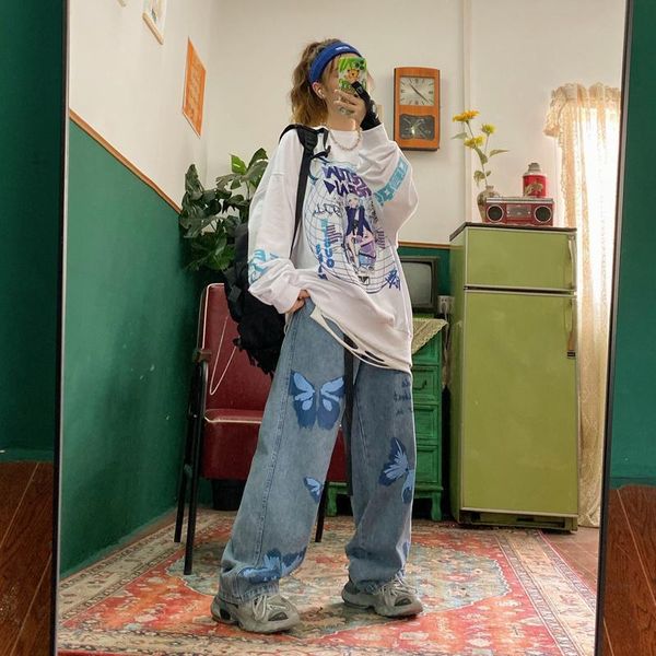 

women s jeans harajuku style straight spring and autumn mopping high waist retro trend baggy trousers for womens 230701, Blue