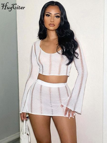 

two piece dress hugcitar knitted solid o neck flare sleeves cut out crop skirts 2 pieces matching set irregular outfit festival club 230630, White