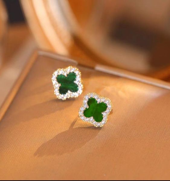

leaf studs earrings for women girls fashion luxury rhinestone flower 925 silver needle ear jewelry black green white red four leav9433989, Golden;silver