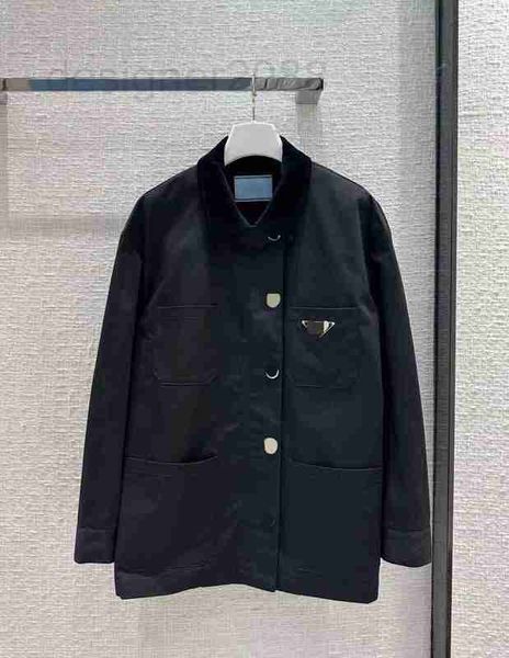 

women's jackets designer 23 spring/summer workwear letter triangle sign corduroy splice collar medium length windbreaker coat women 0de, Black;brown