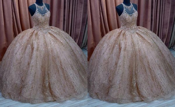 

sparkly designer rose gold sequined 2022 prom quinceanera dresses ball gown sheer neck jewel crystal bead long evening formal page2026651, Black