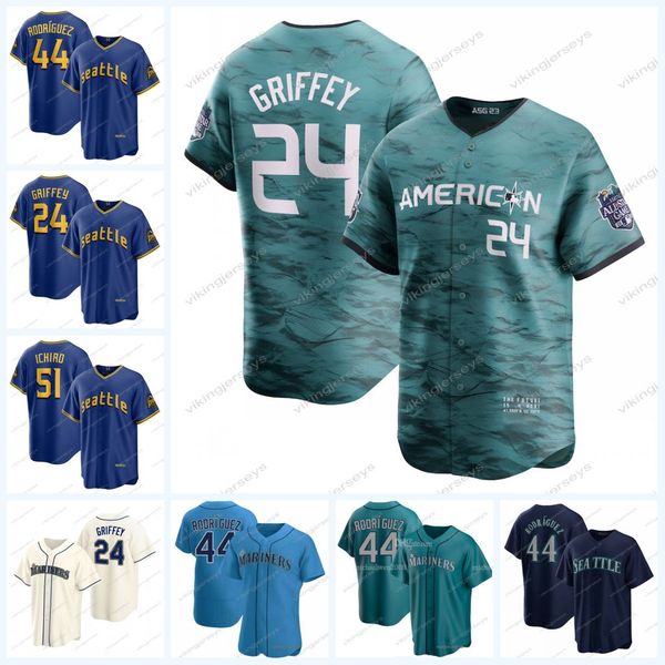 

seattle 2023 all star mariners jersey julio rodriguez ty france george kirby matt brash diego castillo luis castillo chris flexen logan gilb, Blue;black