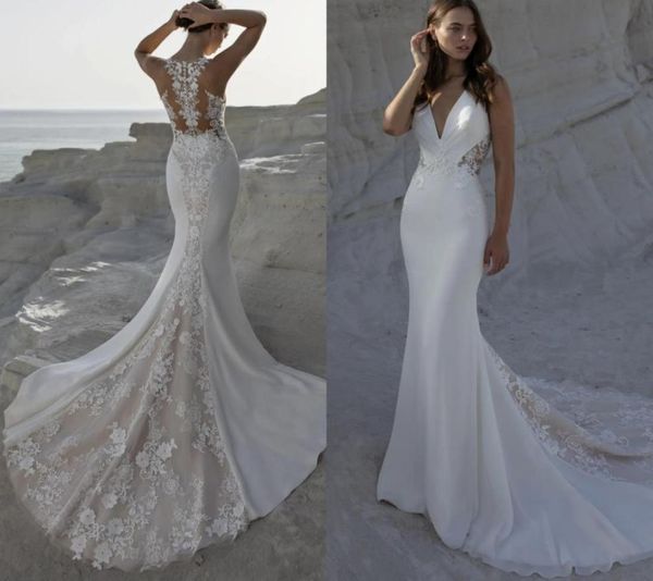 

beach mermaid wedding dresses deep v neck lace applique champagne linings court train bohemian bridal gowns custom made2668543, White